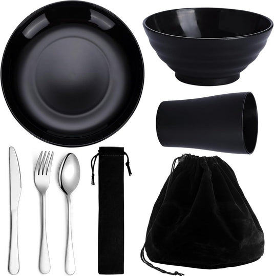 Campingservies set voor 1 persoon met bestek en tas - happygetfit.com