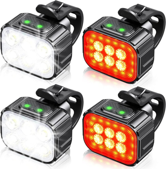CIRYCASE Fietsverlichting, Koplamp, Oplaadbaar via USB, IP65 Waterdicht, LED-Fietsverlichting met Spotlight- en Schijnwerperbundel, 8 + 12 Modi, Super Helder, Voor- en Achterverlichting - happygetfit.com