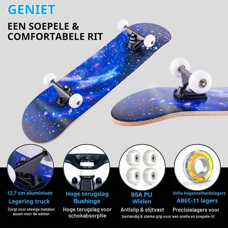 Załaduj obraz do przeglądarki galerii, Compleet skateboard 70 x 20 cm met 8-laags esdoorn deck en ABEC-11 lagers – double kick skateboard - happygetfit.com

