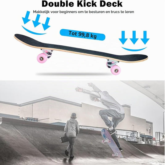 Compleet skateboard 70 x 20 cm met 8-laags esdoorn deck en ABEC-11 lagers – double kick skateboard - happygetfit.com
