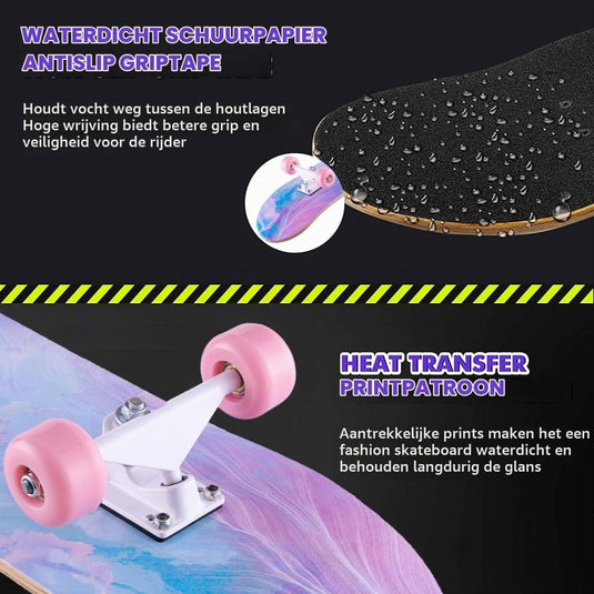 Compleet skateboard 70 x 20 cm met 8-laags esdoorn deck en ABEC-11 lagers – double kick skateboard - happygetfit.com
