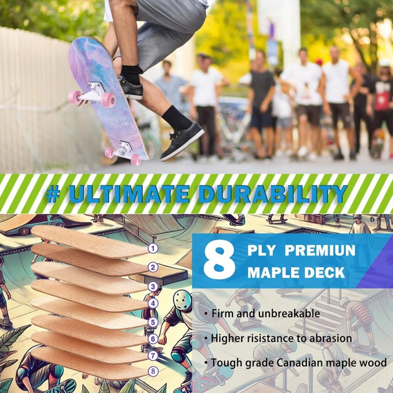 Załaduj obraz do przeglądarki galerii, Compleet skateboard 70 x 20 cm met 8-laags esdoorn deck en ABEC-11 lagers – double kick skateboard - happygetfit.com
