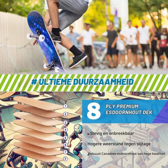 Compleet skateboard 70 x 20 cm met 8-laags esdoorn deck en ABEC-11 lagers – double kick skateboard - happygetfit.com