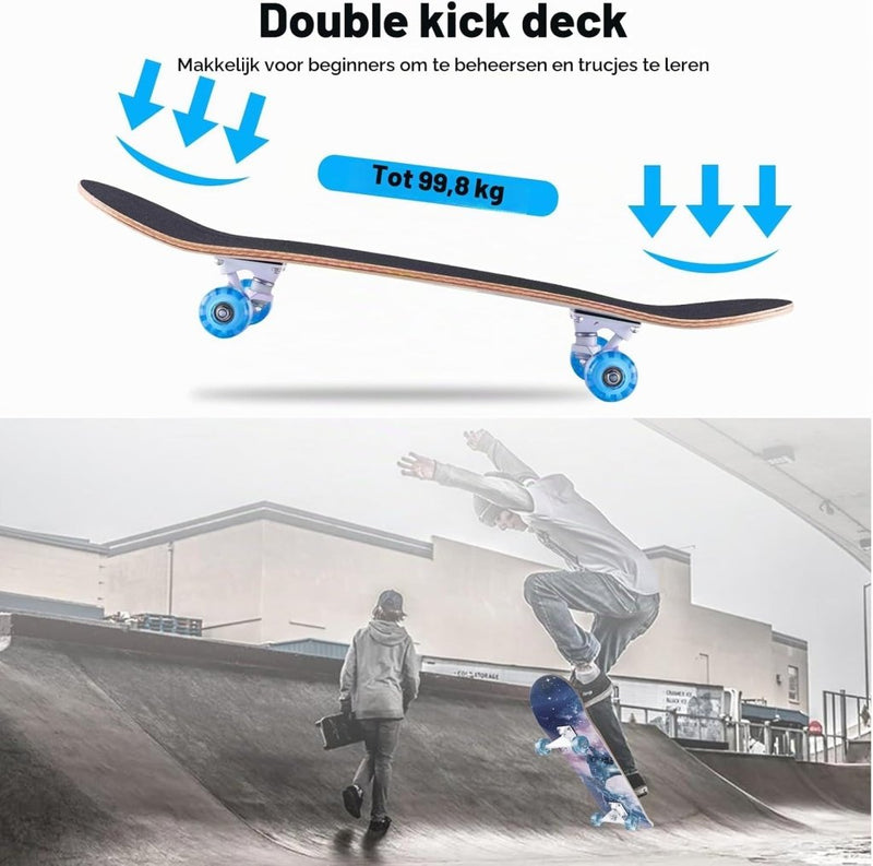 Załaduj obraz do przeglądarki galerii, Compleet skateboard 70 x 20 cm met 8-laags esdoorn deck en ABEC-11 lagers – double kick skateboard - happygetfit.com
