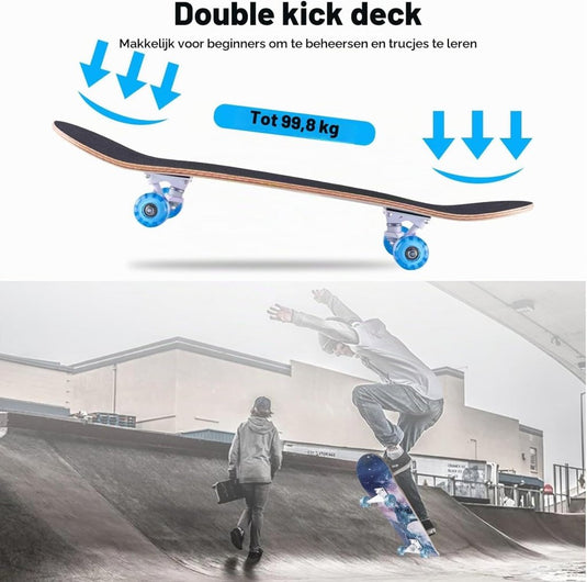 Compleet skateboard 70 x 20 cm met 8-laags esdoorn deck en ABEC-11 lagers – double kick skateboard - happygetfit.com