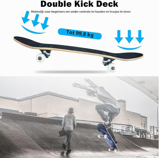 Compleet skateboard 70 x 20 cm met 8-laags esdoorn deck en ABEC-11 lagers – double kick skateboard - happygetfit.com