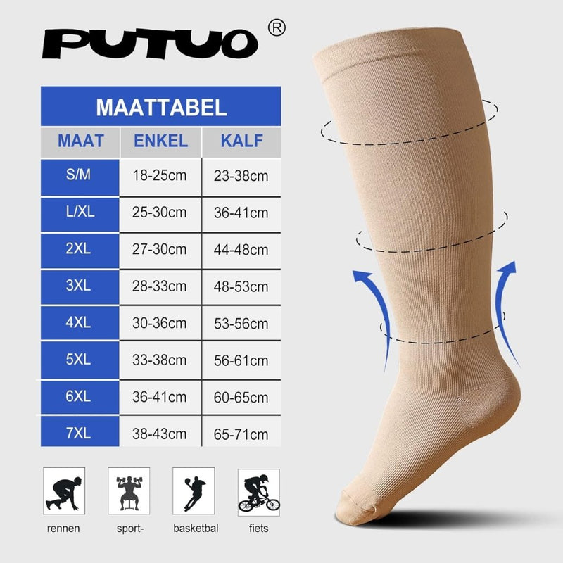 Laad afbeelding in Galerijviewer, Maattabel voor beige kniehoge compressiesokken, met voet- en kuitmaten van S/M tot 7XL. Ideaal voor hardlopen, sporten, basketbal en fietsen ter ondersteuning van de bloedsomloop en bevordering van spierherstel. Verbeter de prestaties met &quot;Verbeter prestaties en herstel met compressiesokken voor dames en heren&quot;.
