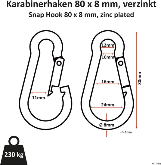 C.P. Sports Karabijnhaken, 80 x 8 mm belastbaar tot 230 kg, 60 x 6 mm belastbaar tot 150 kg, 1-60 stuks, 100 x 10 mm, 140 x 12 mm - happygetfit.com