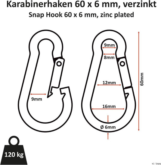 C.P. Sports Karabijnhaken, 80 x 8 mm belastbaar tot 230 kg, 60 x 6 mm belastbaar tot 150 kg, 1-60 stuks, 100 x 10 mm, 140 x 12 mm - happygetfit.com