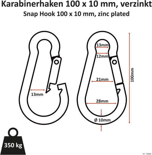 C.P. Sports Karabijnhaken, 80 x 8 mm belastbaar tot 230 kg, 60 x 6 mm belastbaar tot 150 kg, 1-60 stuks, 100 x 10 mm, 140 x 12 mm - happygetfit.com