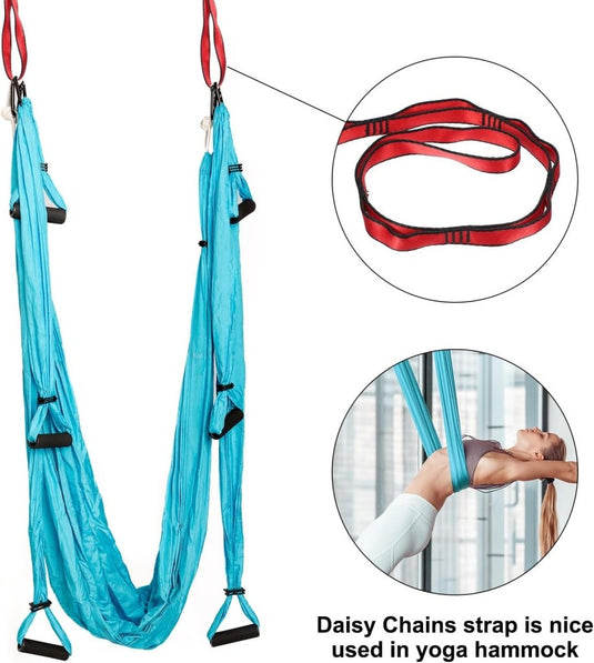 Daisy chain ophangbanden 2 stuks 180 cm met 12 lussen blauw – verstelbare nylon riemen – aerial yoga accessoires - happygetfit.com