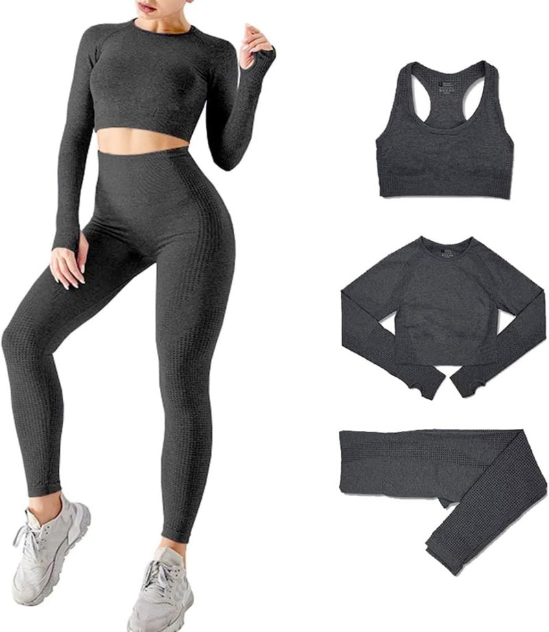 Laad afbeelding in Galerijviewer, Dames 3-Delige Yoga Workout Sets Voor Vrouwen Sportkleding Hoge Taille Leggings Sport BH Trainingspakken Set - happygetfit.com
