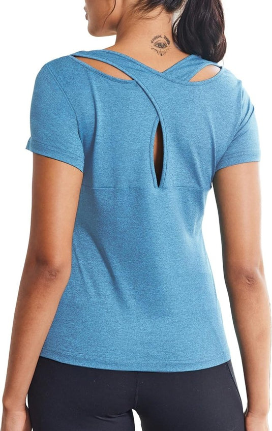 Dames sportshirt korte mouw rugloos sneldrogend - happygetfit.com
