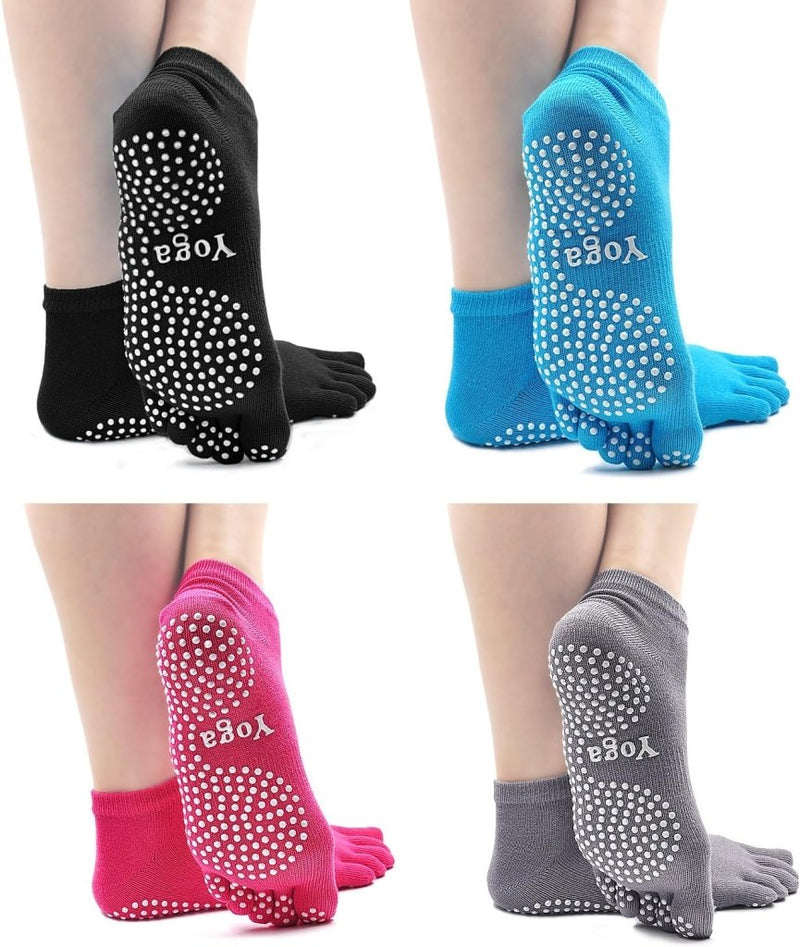 Load image into Gallery viewer, Vier paar yogasokken in de kleuren zwart, blauw, roze en grijs met witte grip dots voor ultieme stabiliteit. Antislip dames yogasokken voor maximale grip en comfort.
