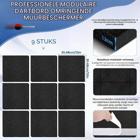 Dartbord achterwand 90 x 90 cm met 9 zelfklevende viltpanelen van 12 mm dik – dartwandbekleding – dartmuurprotectie - happygetfit.com