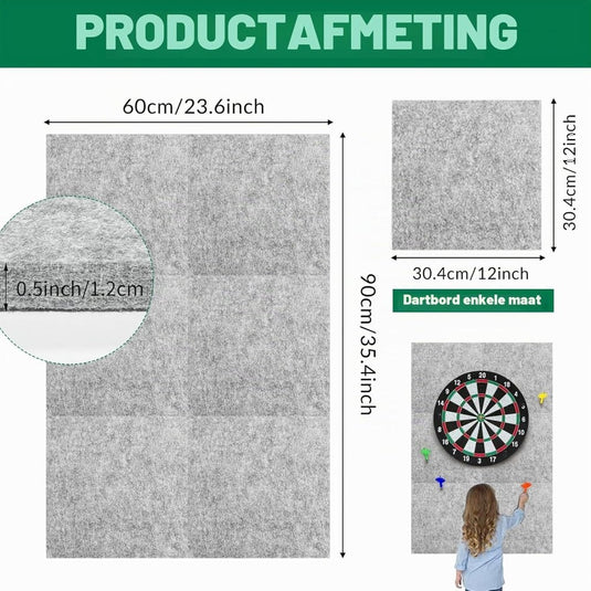 Dartbord wandpanelen 6 stuks 30 x 30 cm van 12 mm dik zelfklevend vilt – dartmuurbescherming – dartachtergrond - happygetfit.com