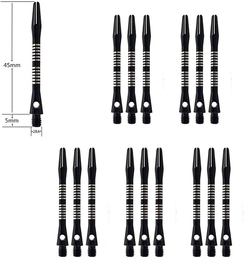 Laad afbeelding in Galerijviewer, Bestel onze complete dartaccessoireset met twaalf zwarte dartshafts met witte strepen en rubberen ringen voor stabiliteit. Elke shaft is 45 mm lang en 5 mm in diameter, perfect om de prestaties van uw dartflights te verbeteren.
