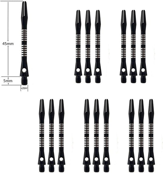 Bestel onze complete dartaccessoireset met twaalf zwarte dartshafts met witte strepen en rubberen ringen voor stabiliteit. Elke shaft is 45 mm lang en 5 mm in diameter, perfect om de prestaties van uw dartflights te verbeteren.