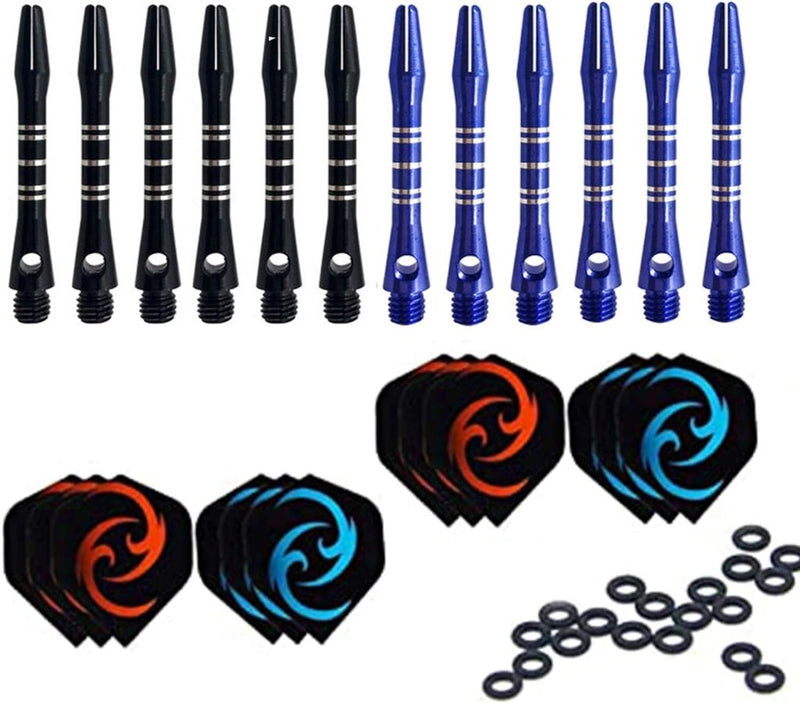 Laad afbeelding in Galerijviewer, Ontdek &quot;Verbeter je dartspel met onze complete dart accessoire set&quot; met 12 zwarte en blauwe shafts, 12 swirl design flights en 30 rubberen ringen voor een veilige pasvorm.
