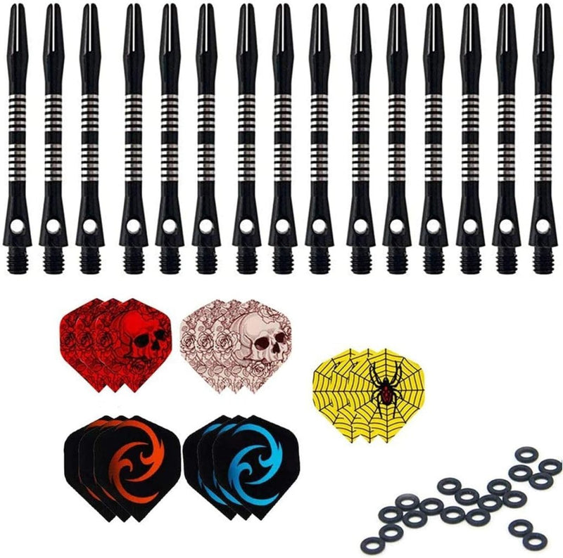 Laad afbeelding in Galerijviewer, De &quot;Verbeter je dartspel met onze complete dart accessoire set&quot; bevat 15 zwarte dart shafts en unieke flights met skulls, wervelende patronen en een spinnenweb. Ook worden er rubberen ringen meegeleverd, waardoor het ideaal is voor liefhebbers die hun spel willen verbeteren.
