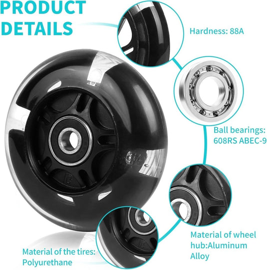 DBREAKS Lichtgevende stuntstep, wielen met ledverlichting, 100 mm, ABEC, 9 kogellagers, hardheid 88A, geschikt voor alle scooters (zwart) - happygetfit.com