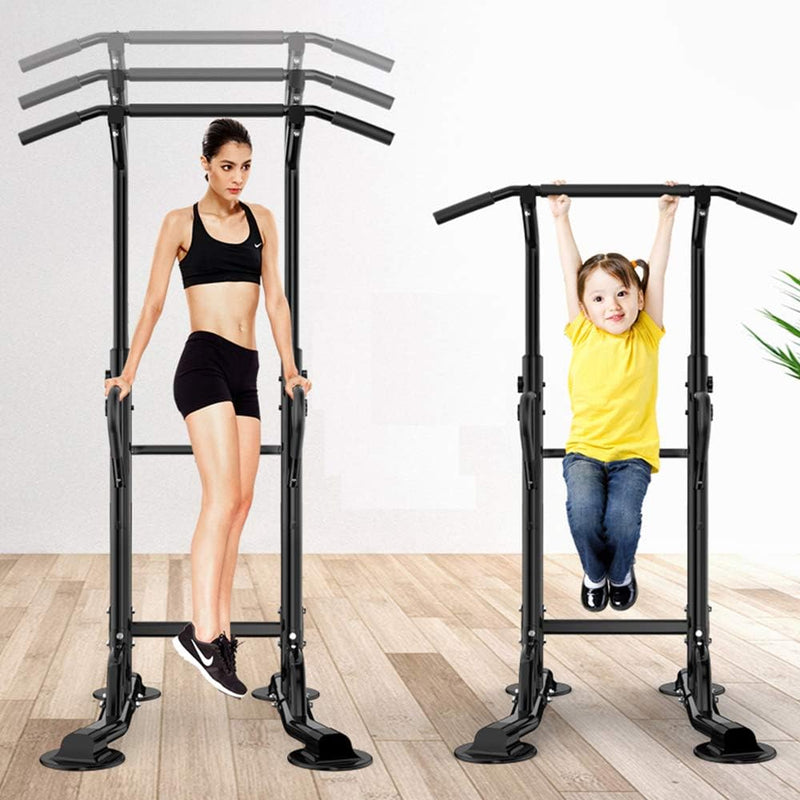 Laad afbeelding in Galerijviewer, DlandHome Power Tower Dip Station Pull Up Bar Multi-Function Strength Training Fitness Workout Station for Home Office Gym, Black, 330lbs - happygetfit.com
