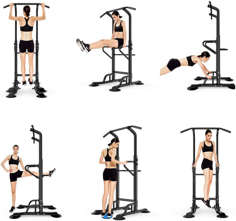 Laad afbeelding in Galerijviewer, DlandHome Power Tower Dip Station Pull Up Bar Multi-Function Strength Training Fitness Workout Station for Home Office Gym, Black, 330lbs - happygetfit.com
