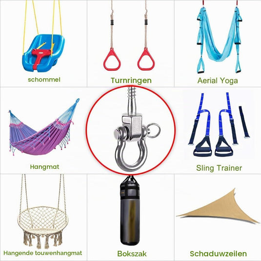 Draaibare schommelhaken 4 stuks 12,7 cm van RVS met kogellagers voor houten balken – ophangschroeven – hangmatbevestiging - happygetfit.com