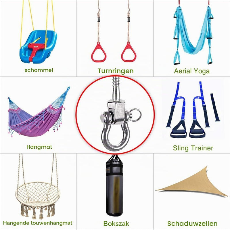 Laad afbeelding in Galerijviewer, Draaibare schommelhaken 4 stuks 12,7 cm van RVS met kogellagers voor houten balken – ophangschroeven – hangmatbevestiging - happygetfit.com
