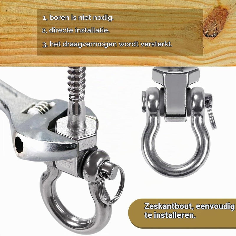 Laad afbeelding in Galerijviewer, Draaibare schommelhaken 4 stuks 12,7 cm van RVS met kogellagers voor houten balken – ophangschroeven – hangmatbevestiging - happygetfit.com
