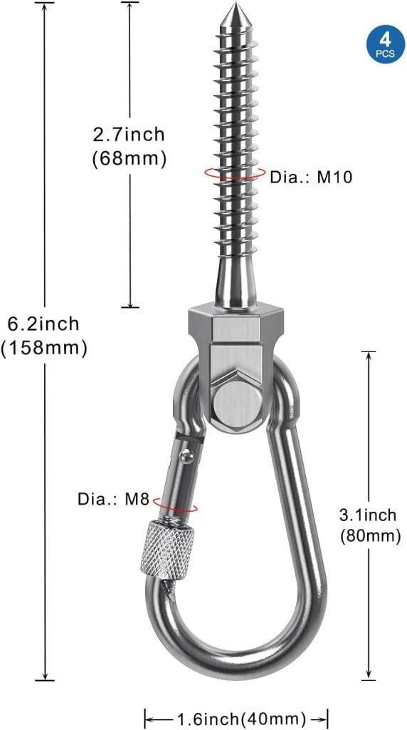 Laad afbeelding in Galerijviewer, Draaibare schommelhaken 4 stuks 12,7 cm van RVS met kogellagers voor houten balken – ophangschroeven – hangmatbevestiging - happygetfit.com
