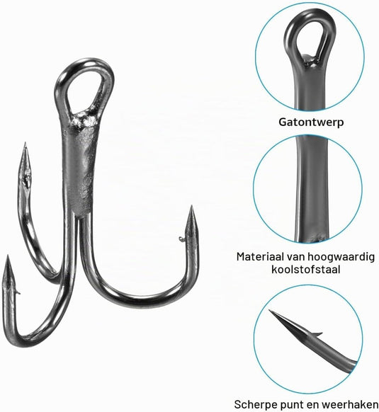 Dreggen 10 stuks maat 1/0 van koolstofstaal zwart – drievoudige vishaken – visaccessoires - happygetfit.com