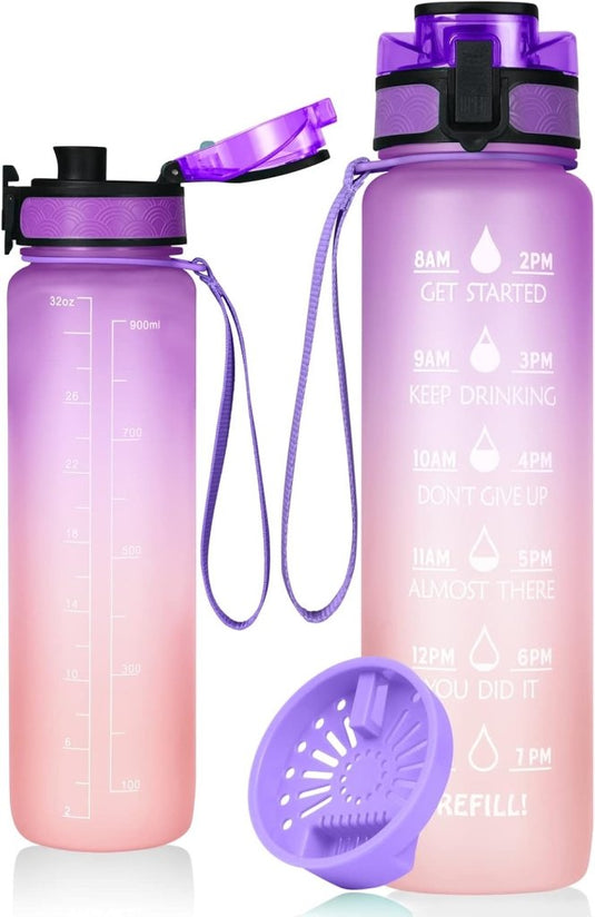 Drinkfles 1 liter van BPA-vrij Tritan met rietje en tijdmarkering inclusief reinigingsborstel – sportfles – watertracker - happygetfit.com