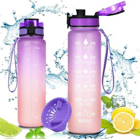 Drinkfles 1 liter van BPA-vrij Tritan met rietje en tijdmarkering inclusief reinigingsborstel – sportfles – watertracker - happygetfit.com