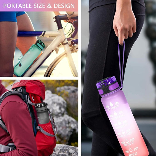 Drinkfles 1 liter van BPA-vrij Tritan met rietje en tijdmarkering inclusief reinigingsborstel – sportfles – watertracker - happygetfit.com