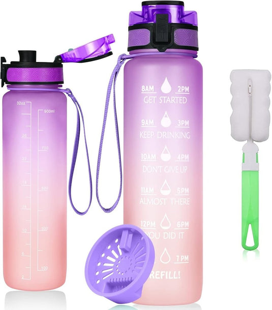 Drinkfles 1 liter van BPA-vrij Tritan met rietje en tijdmarkering inclusief reinigingsborstel – sportfles – watertracker - happygetfit.com
