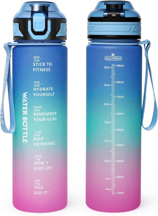 Drinkfles 1 liter van BPA-vrij Tritan met tijdmarkering en lekvrije dop – waterfles – hydratatiefles - happygetfit.com