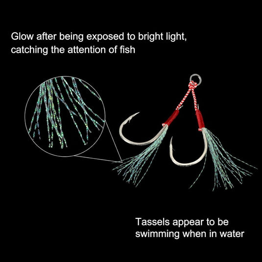 Dubbele assist vishaken 5 stuks maat 13 met glow draad – jigging haken – visaccessoires - happygetfit.com