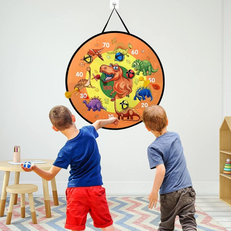 Load image in Gallery Viewer, Dubbelzijdig dartbord voor kinderen 66 cm met dinosaurusmotief en 14 werpaccessoires – dinosaurusspel – miktraining - happygetfit.com
