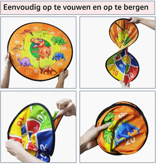 Dubbelzijdig dartbord voor kinderen 66 cm met dinosaurusmotief en 14 werpaccessoires – dinosaurusspel – miktraining - happygetfit.com