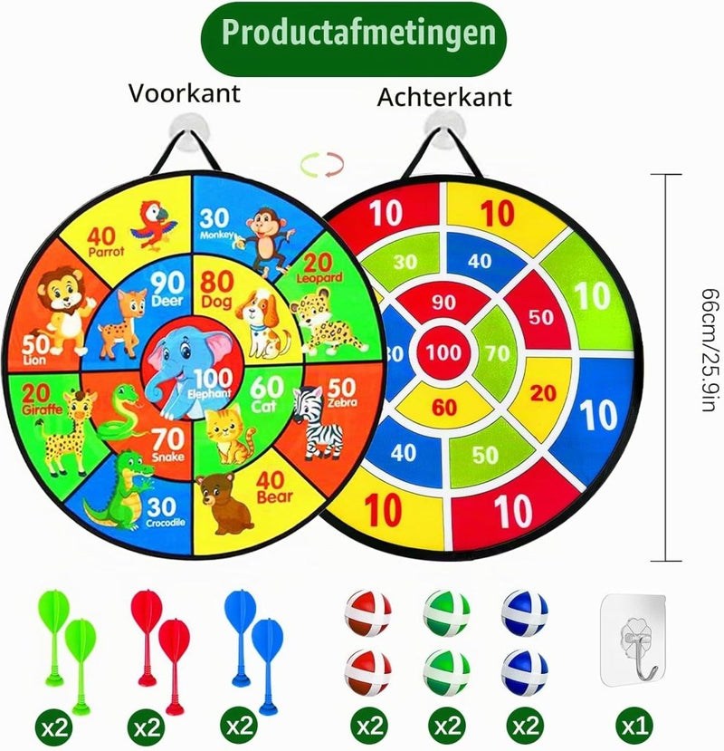 Bild im Galerie-Viewer laden, Dubbelzijdig kinderdartbord 66 cm met klittenballen en dierenmotief – dartspel – mikspel - happygetfit.com
