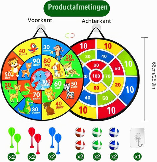 Dubbelzijdig kinderdartbord 66 cm met klittenballen en dierenmotief – dartspel – mikspel - happygetfit.com