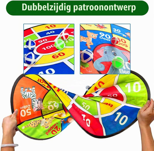 Dubbelzijdig kinderdartbord 66 cm met klittenballen en dierenmotief – dartspel – mikspel - happygetfit.com