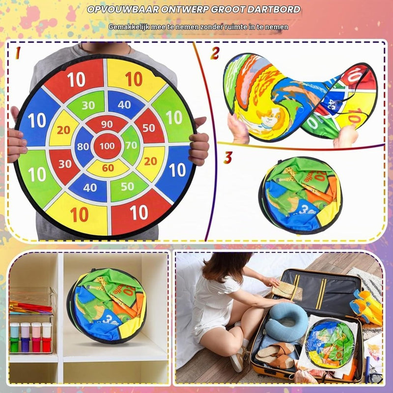 Laad afbeelding in Galerijviewer, Dubbelzijdig kinderdartbord 72 cm met 18 kleefballen en 12 veilige dartpijlen – klittenbandspel – werpspeelgoed - happygetfit.com
