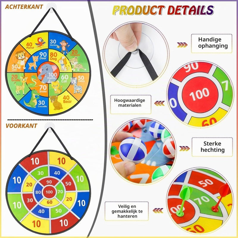 Laad afbeelding in Galerijviewer, Dubbelzijdig kinderdartbord 72 cm met 18 kleefballen en 12 veilige dartpijlen – klittenbandspel – werpspeelgoed - happygetfit.com
