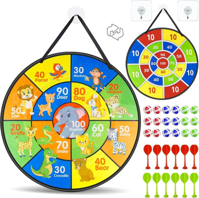Laad afbeelding in Galerijviewer, Dubbelzijdig kinderdartbord 72 cm met 18 kleefballen en 12 veilige dartpijlen – klittenbandspel – werpspeelgoed - happygetfit.com
