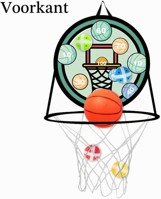 Dubbelzijdig kinderdartbord met basketbalring inclusief 8 klittenballen en mini basketbal – mikspel – basketbalspel - happygetfit.com