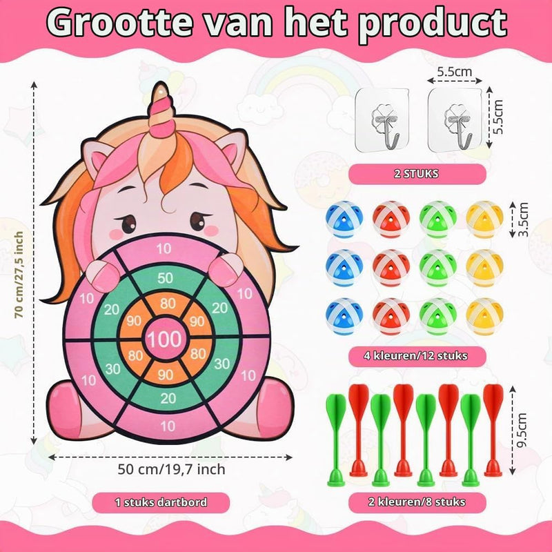 Carica l’immagine nel visualizzatore della galleria, Eenhoorn dartbord voor kinderen 42 cm met 12 kleefballen en 8 klittenbandpijlen – eenhoornspel – mikspel - happygetfit.com

