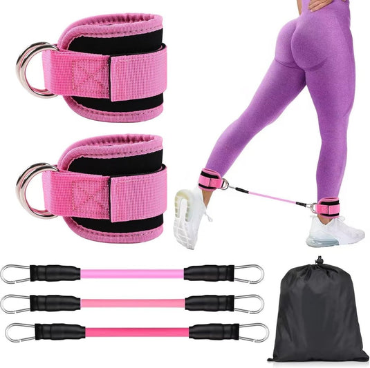 Enkel weerstandsbanden set met voetlussen roze - happygetfit.com