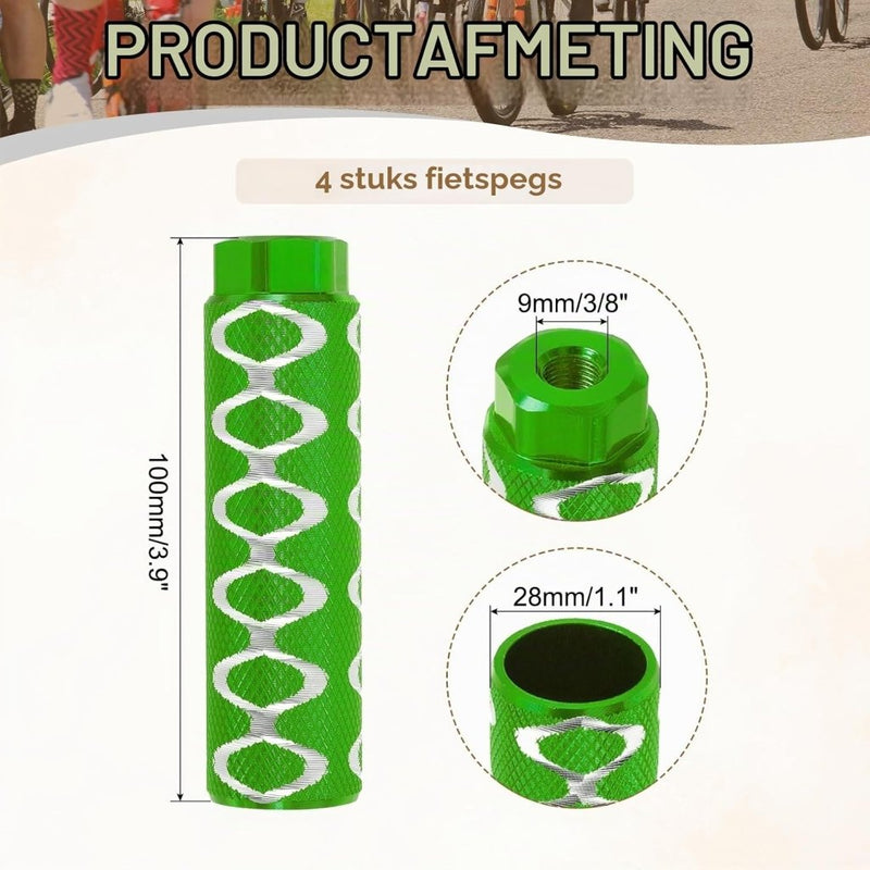 Laad afbeelding in Galerijviewer, Fiets pegs 4 stuks 100 x 28 mm voor 3/8 inch assen groen – aluminium BMX voetsteunen - happygetfit.com
